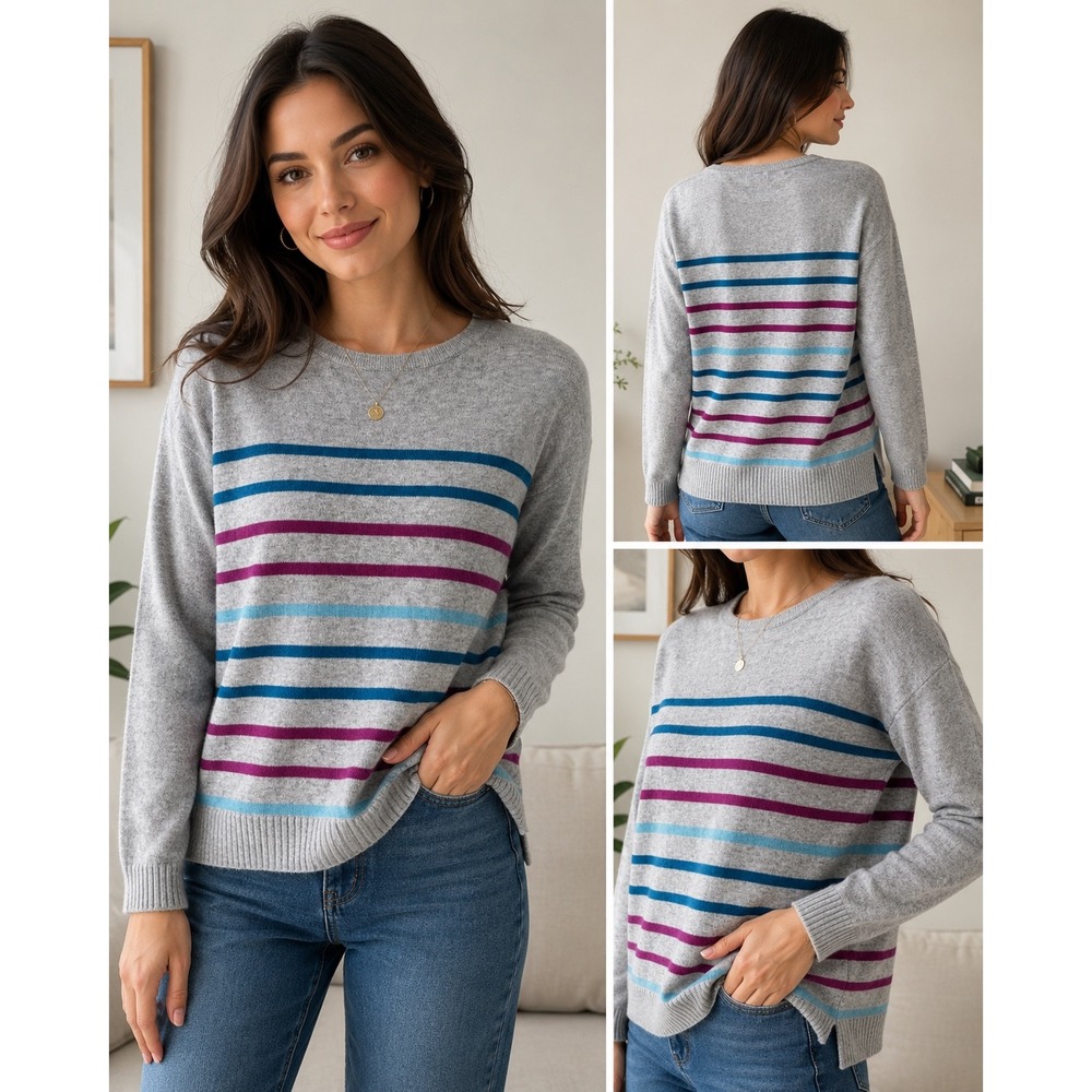 Neiman Marcus 100% Cashmere‎ Sweater M Dopamine Dressing Striped Gray Luxe Knit